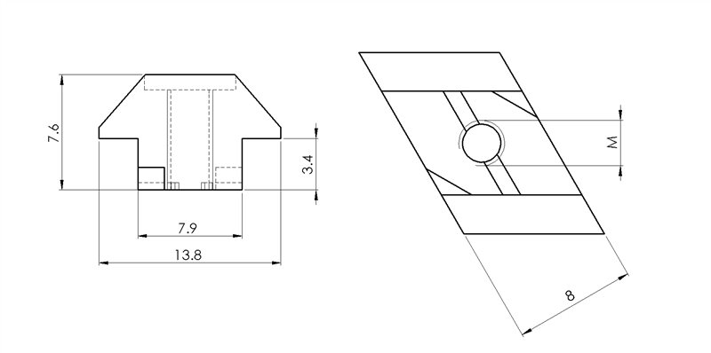 210423 - Hammer nut M4 for 8 mm groove, 40-45 series / Screws, nuts, washers / Fastening accessories / Products / Alutec | Profili in alluminio, sistemi di trasporto e automazione industriale - Alutec Group 210423 - Hammer nut M4 for 8 mm groove, 40-45 series / Screws, nuts, washers / Fastening accessories / Products / Alutec | Profili in alluminio, sistemi di trasporto e automazione industriale - Alutec Group