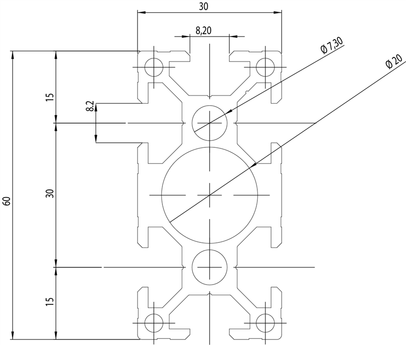 103068 - 30x60 series 30, 8 mm groove / 6 mm slot profiles / Aluminium profiles / Products / Alutec | Profili in alluminio, sistemi di trasporto e automazione industriale - Alutec Group 103068 - 30x60 series 30, 8 mm groove / 6 mm slot profiles / Aluminium profiles / Products / Alutec | Profili in alluminio, sistemi di trasporto e automazione industriale - Alutec Group